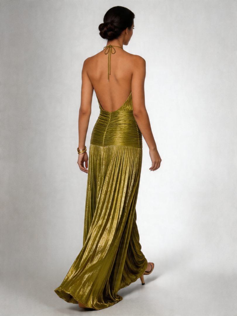 Aileen | Pleated Halterneck Maxi Dress with High Leg Split for Women