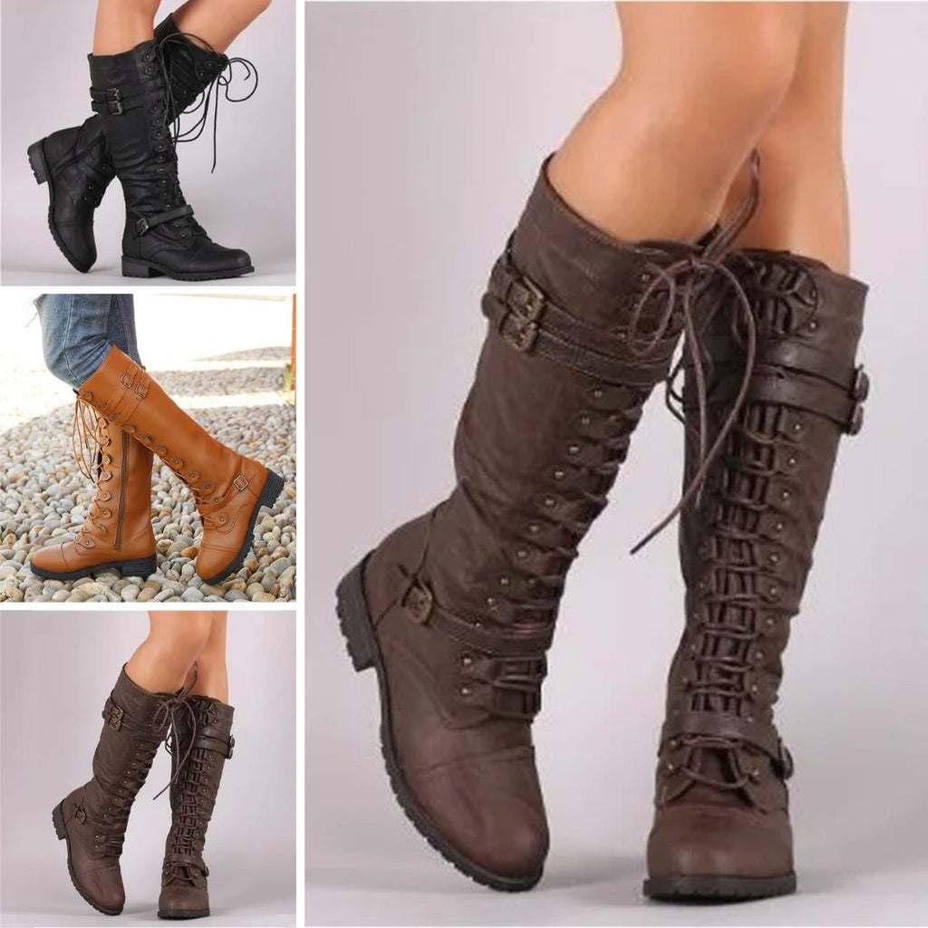 Aino | Winter Lace-Up Knee High Boots with Buckle Straps for Women
