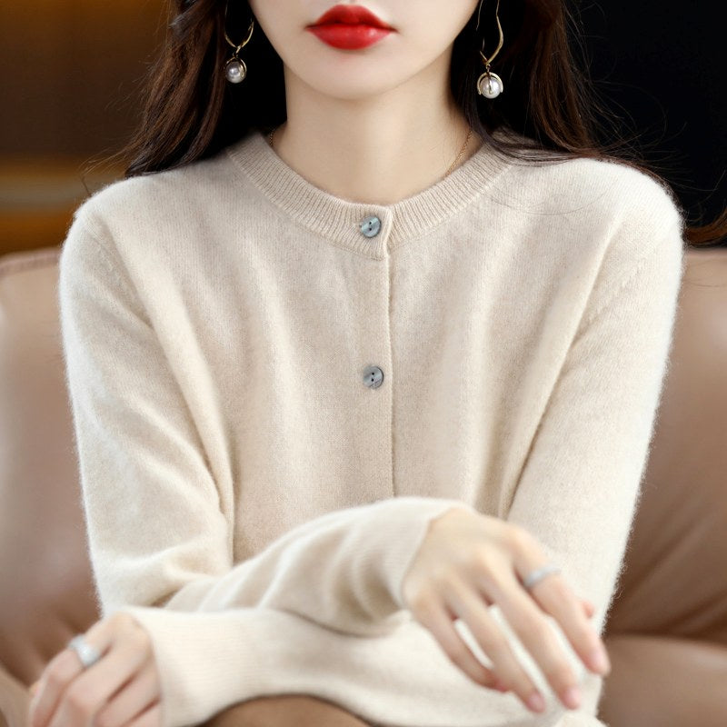 Alberta - Women's Cashmere Crew Neck Button-Front Cardigan