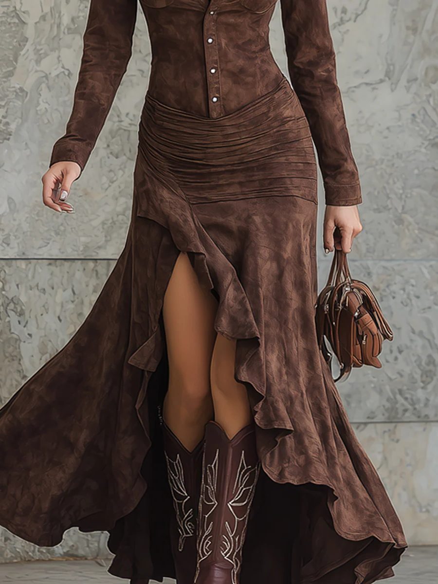 Alida | Suede Button-Down Shirt Maxi Dress for Women