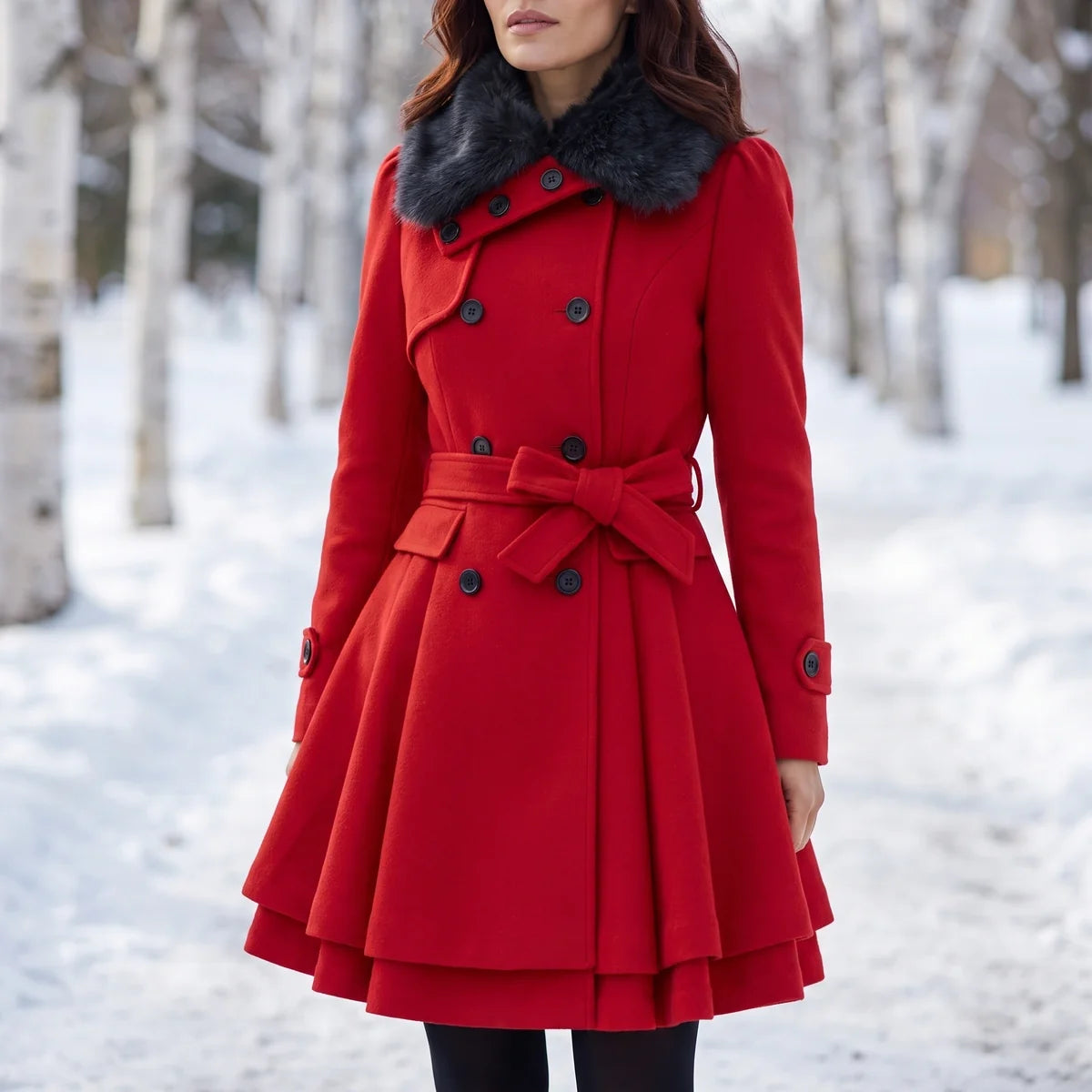 Anastasia Faux Fur Collar Bow Belt Skirted Coat