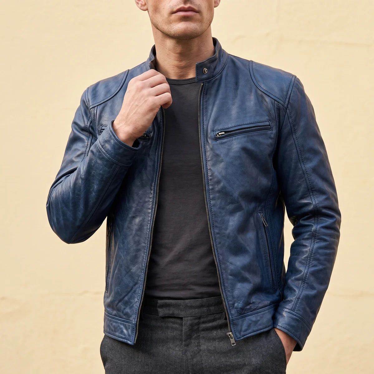 Anselmo Washed Leather Cafe Racer Jacket