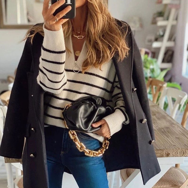 Apolline | Striped Ribbed Knit Half-Zip Sweater for Women