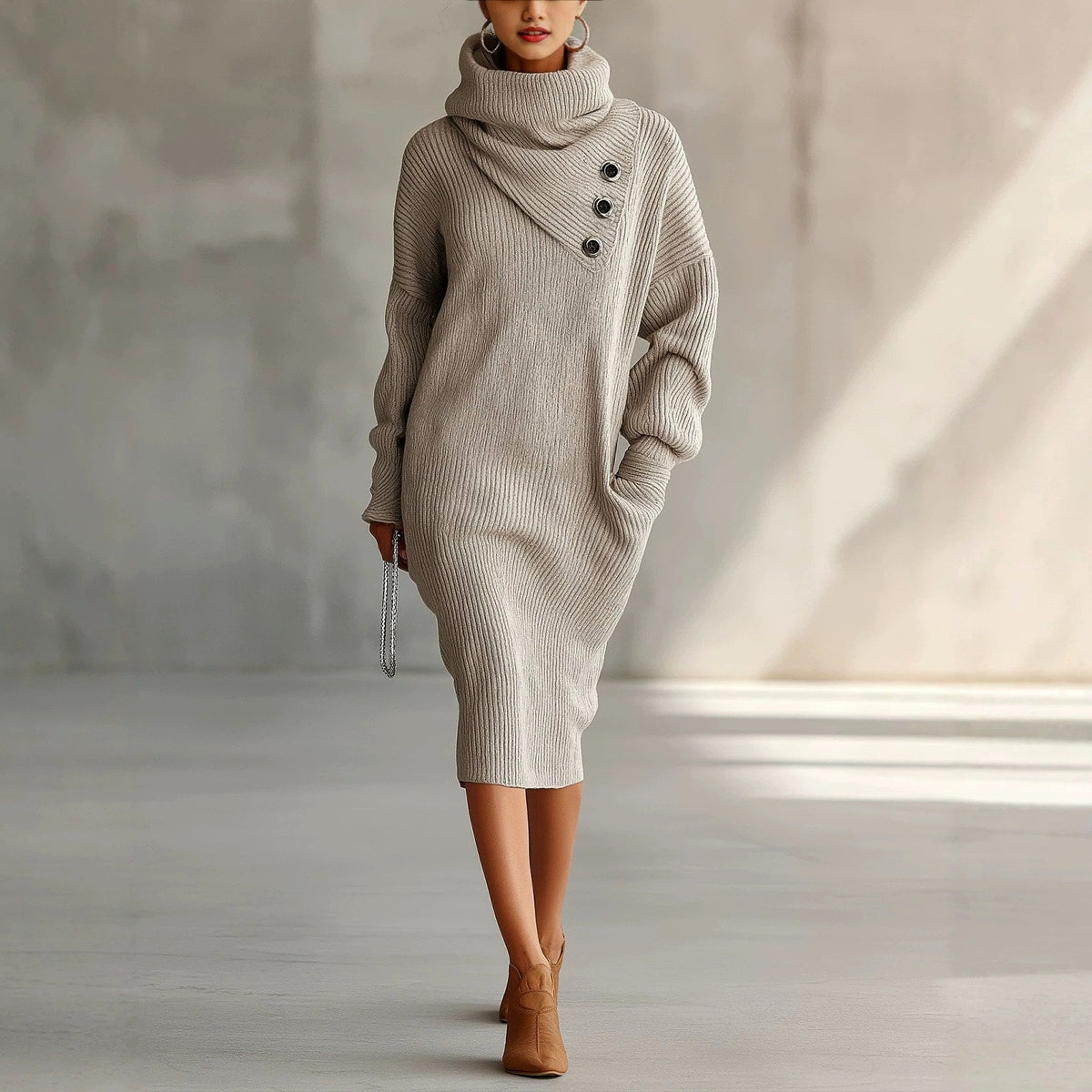 Arianwen - Women's Ribbed Turtleneck Sweater Dress