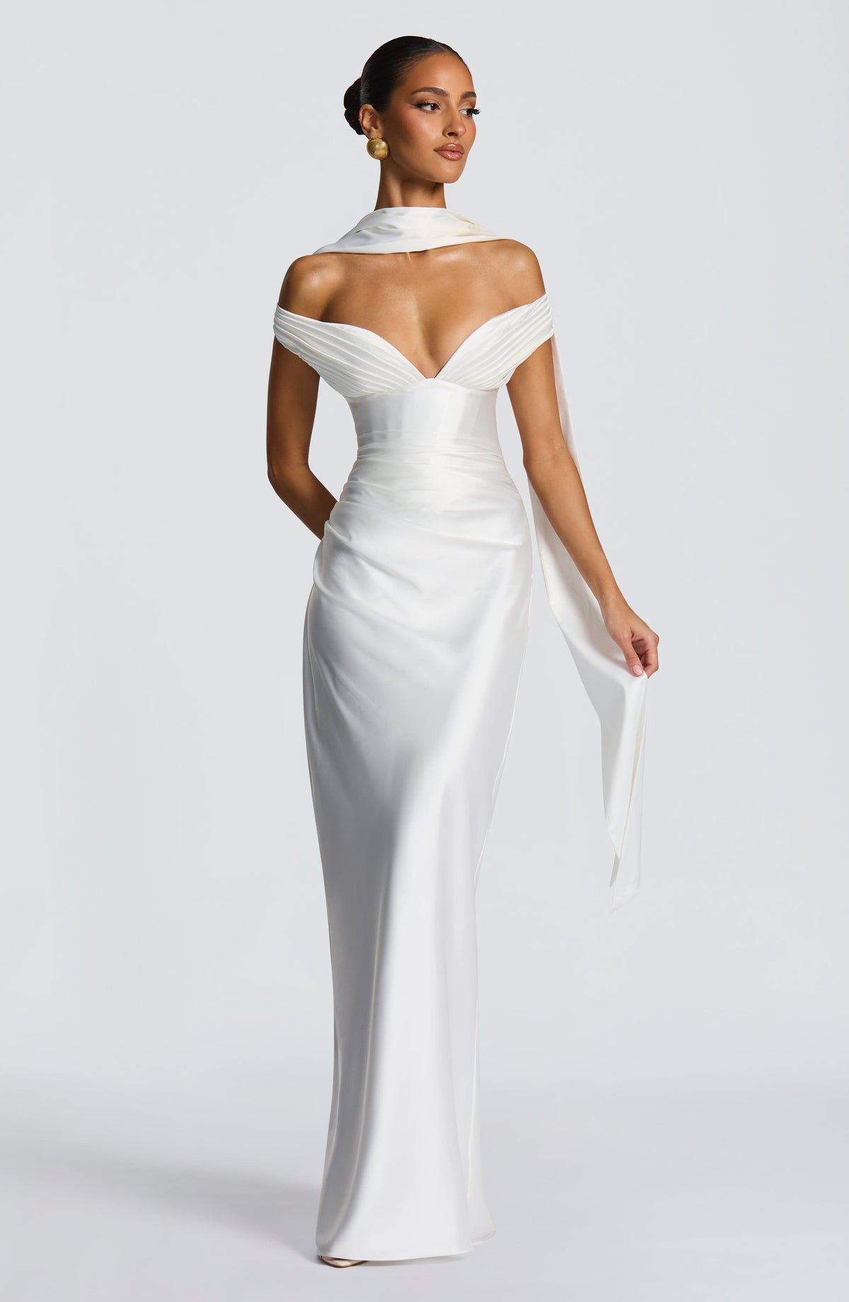 Adeline | Women's Satin Bardot Maxi Dress