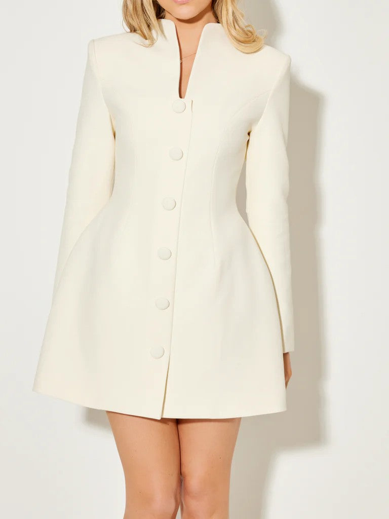 Women's White Fitted Coat Dress, Stand Collar, Long Sleeves