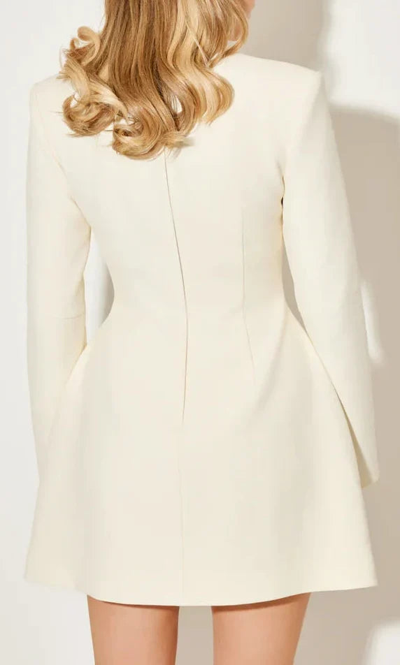 Women's White Fitted Coat Dress, Stand Collar, Long Sleeves