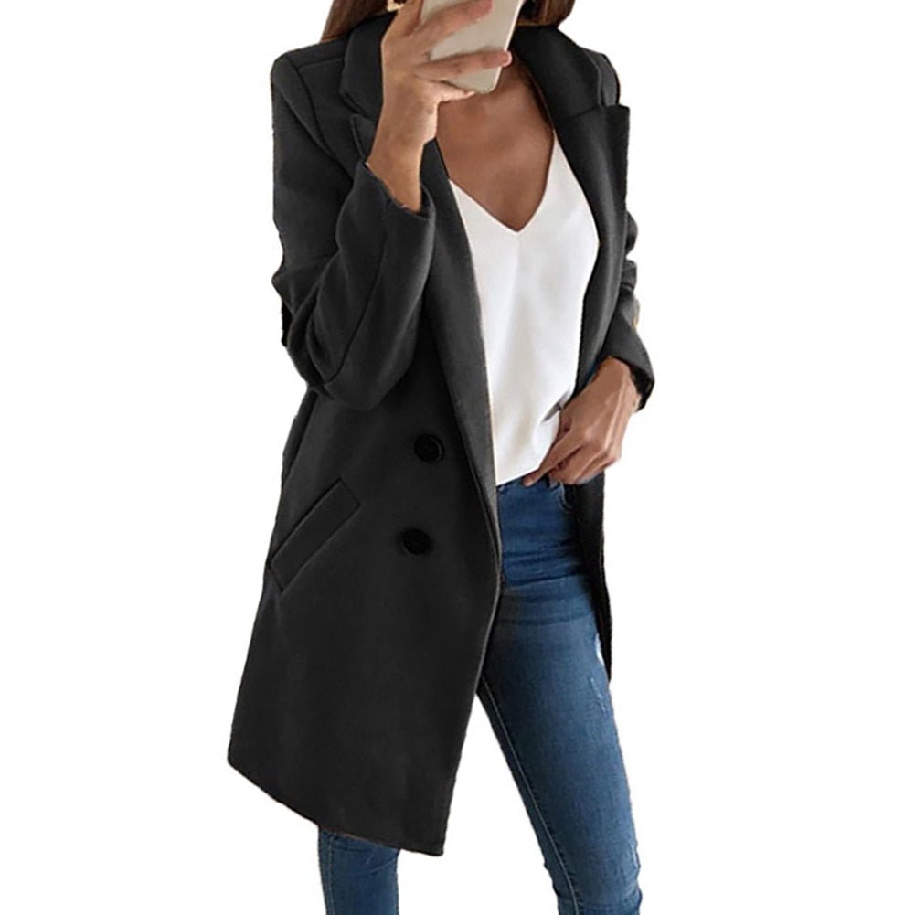 Women's Double-Breasted Longline Blazer Coat with Notched Lapel