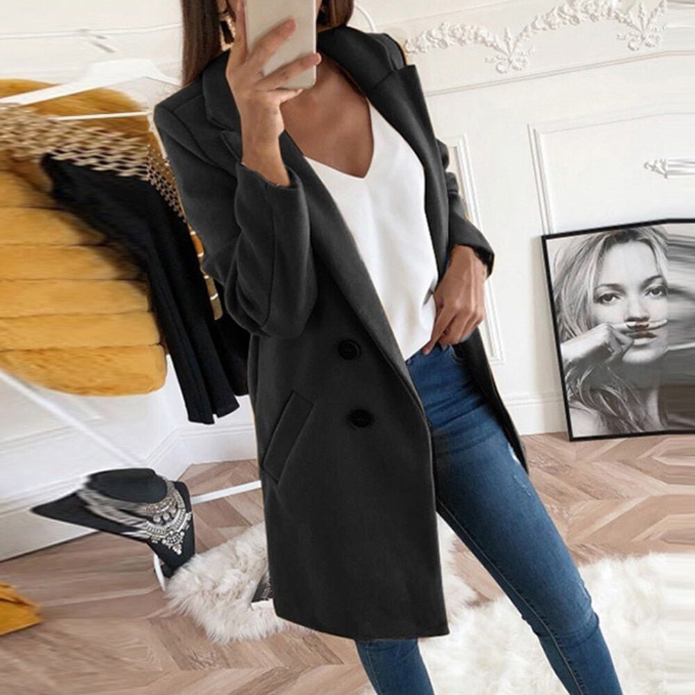Women's Double-Breasted Longline Blazer Coat with Notched Lapel