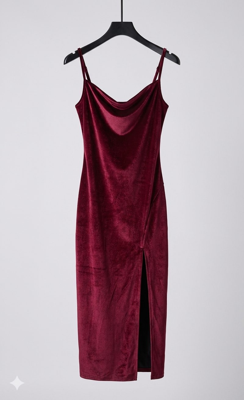 Ayla | Velvet Satin Slip Midi Dress with Leg Split for Women