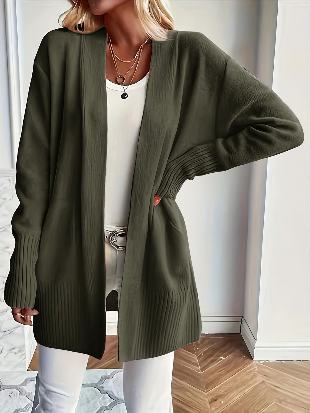 Women's Open Front Ribbed Cardigan with Long Sleeves