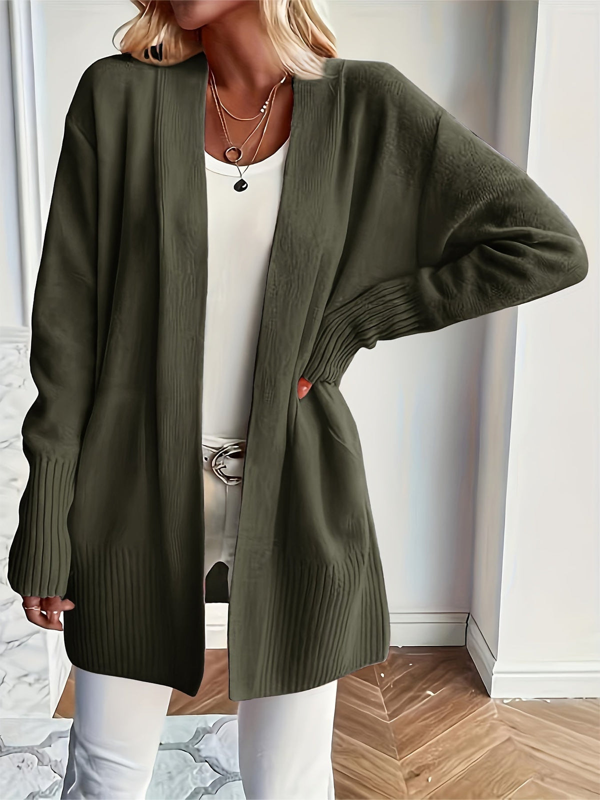 Women's Open Front Ribbed Cardigan with Long Sleeves