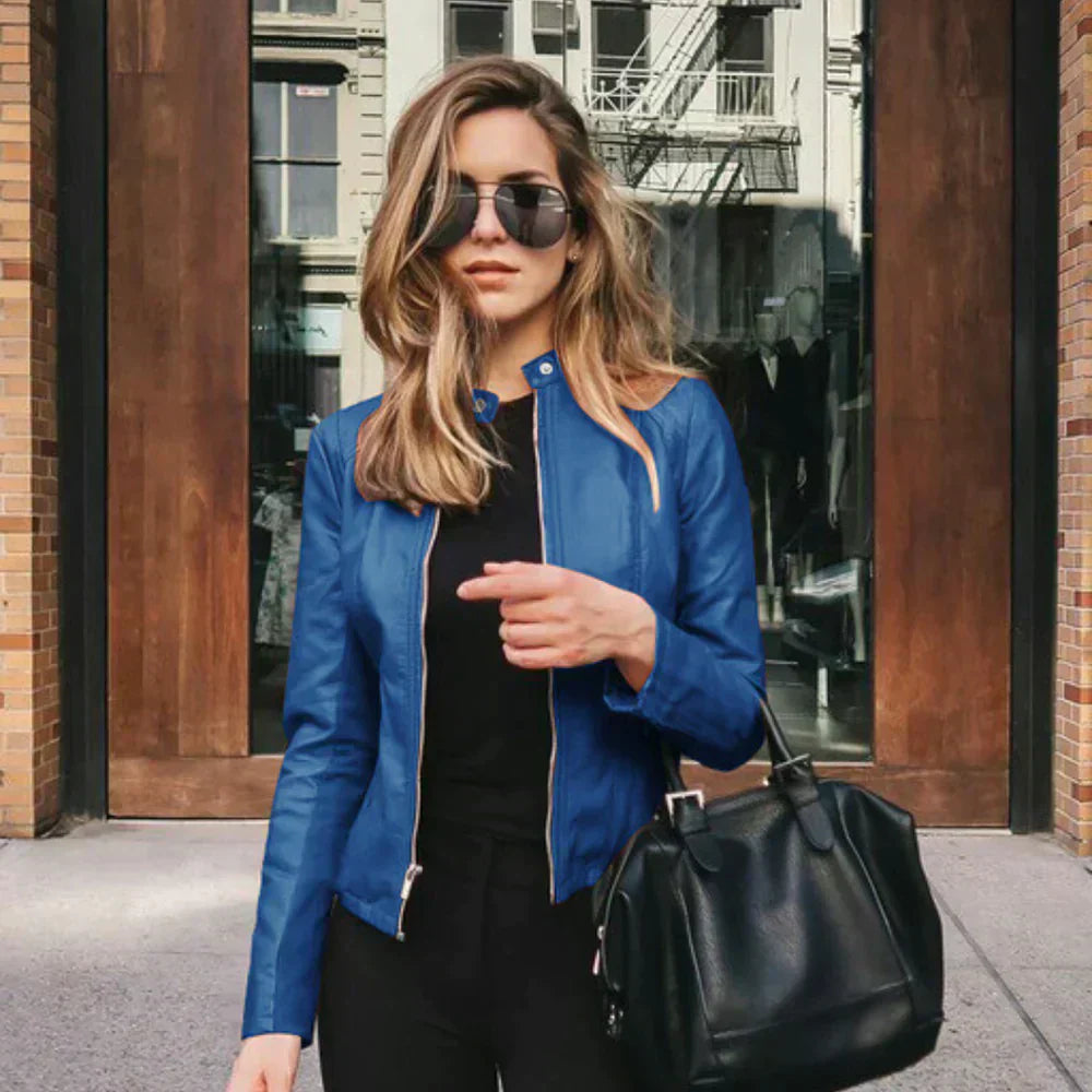 Women's Leather Biker Jacket with Zipper Closure