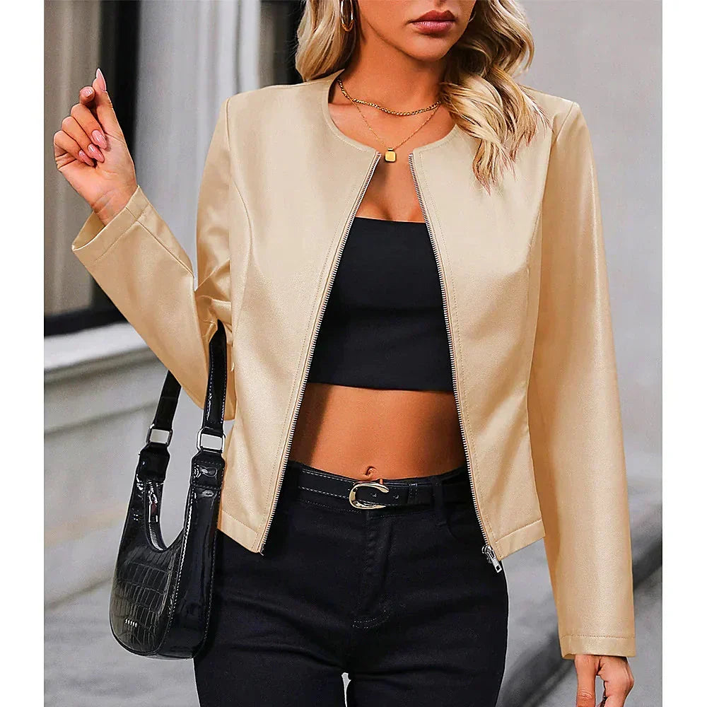 Women's Collarless Cropped Biker Jacket Zip Front Slim Fit
