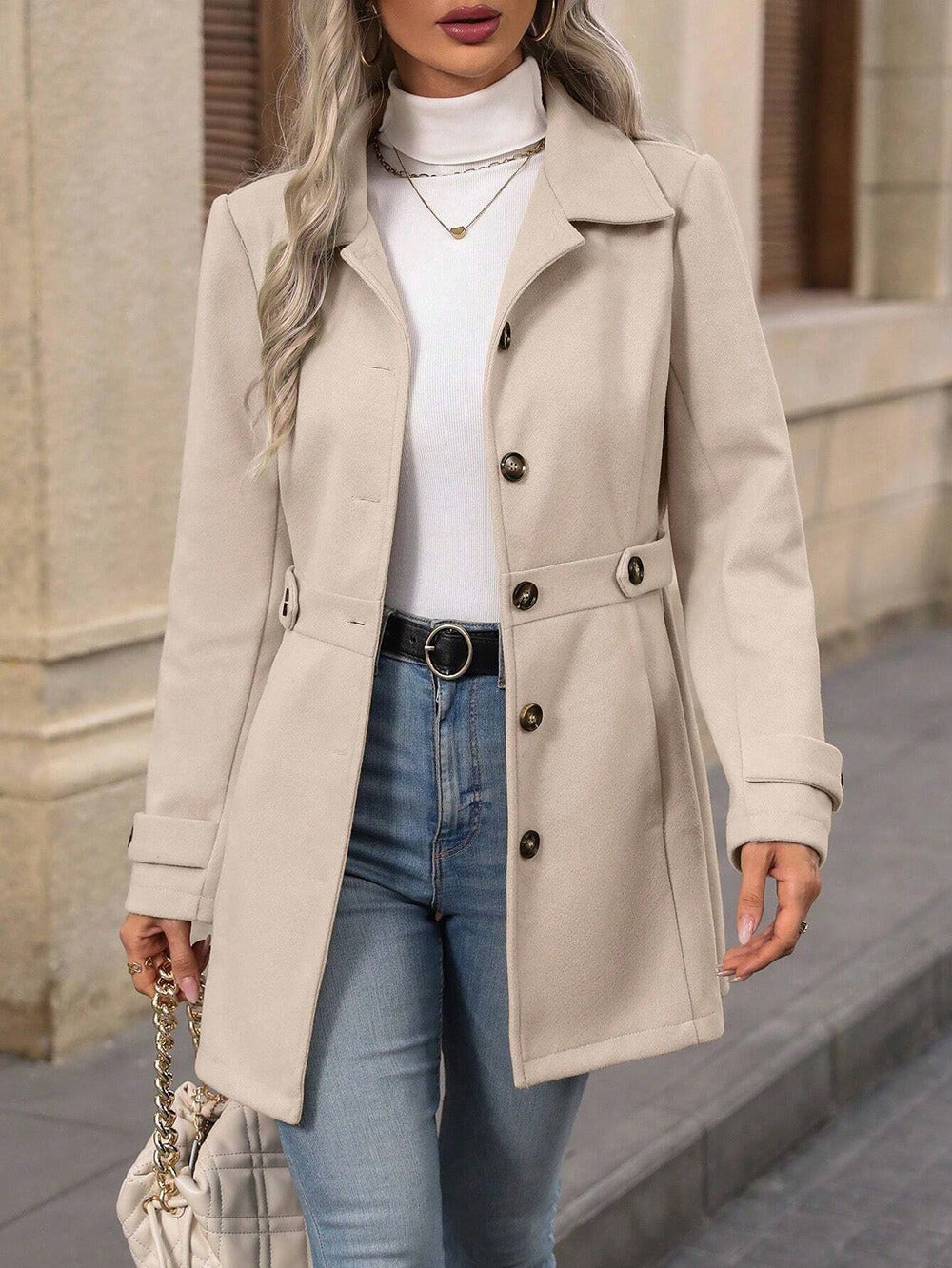 Women's Belted Trench Coat, Tailored Fit, Long Sleeves
