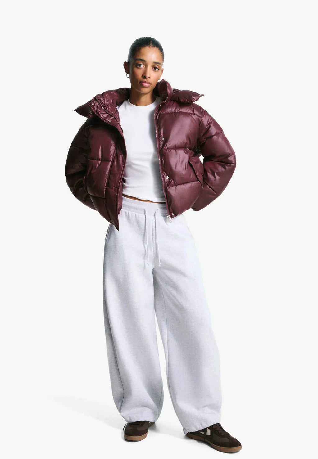 Women's Burgundy Puffer Jacket, Hooded, Quilted, Long Sleeve