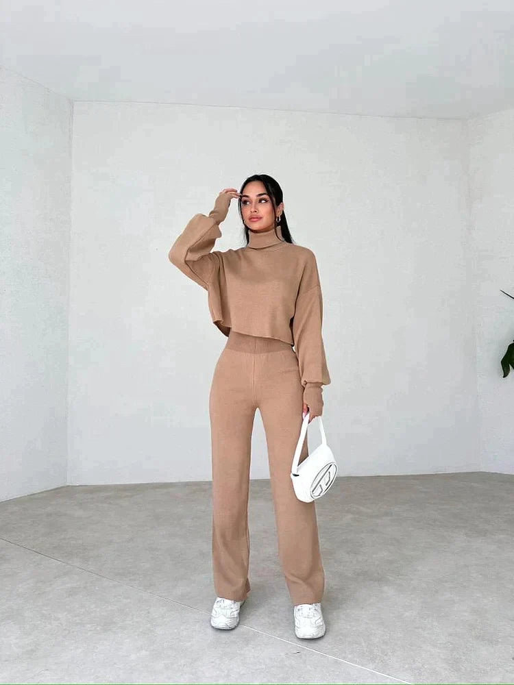 Women's Turtleneck Sweater Set with Relaxed Trousers