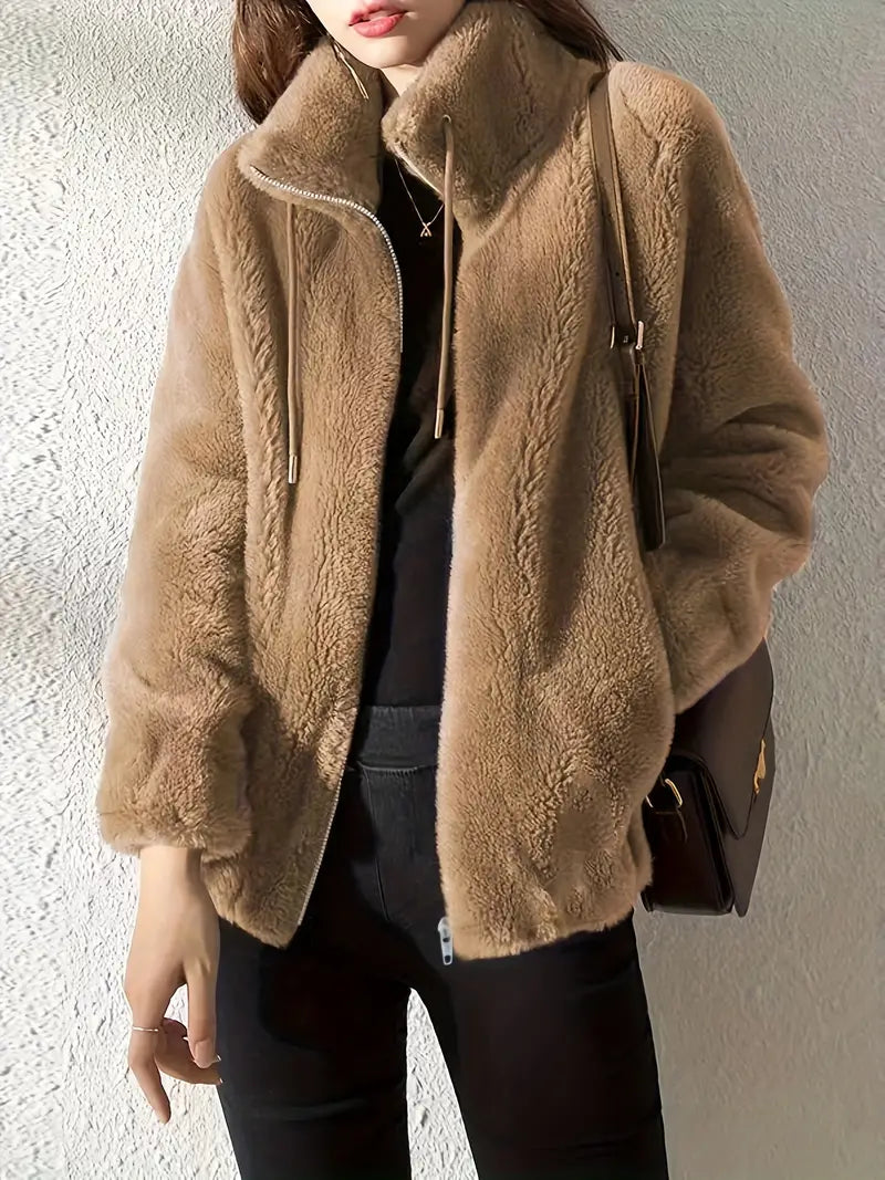 Women's Oversized Fleece Jacket Zip Front High Collar