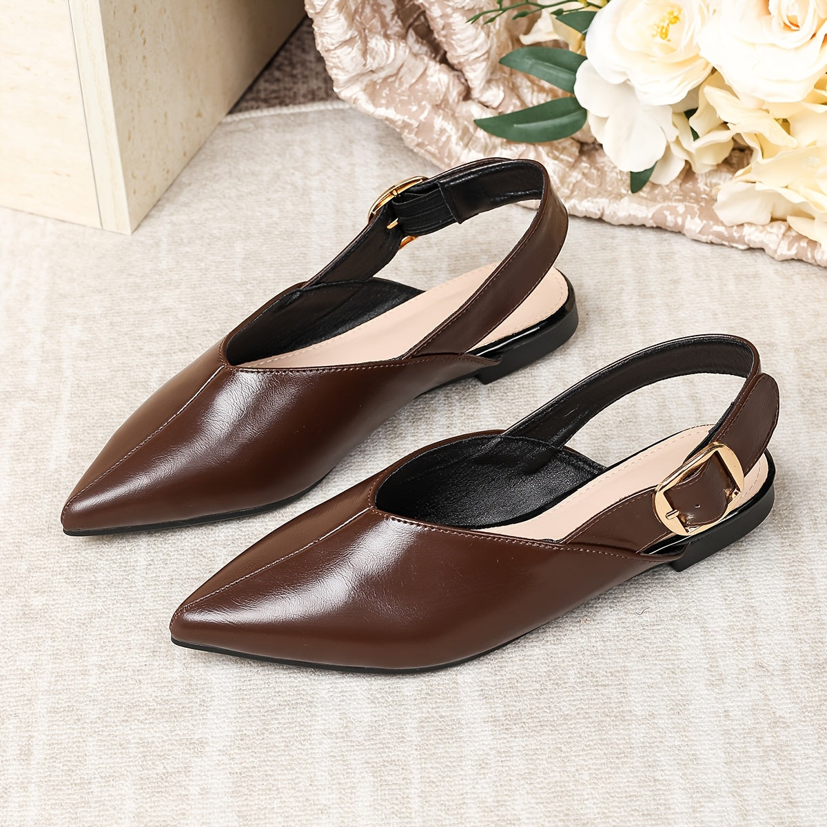 Women's Flat Slip-On Mules with Pointed Toe and Buckle Closure