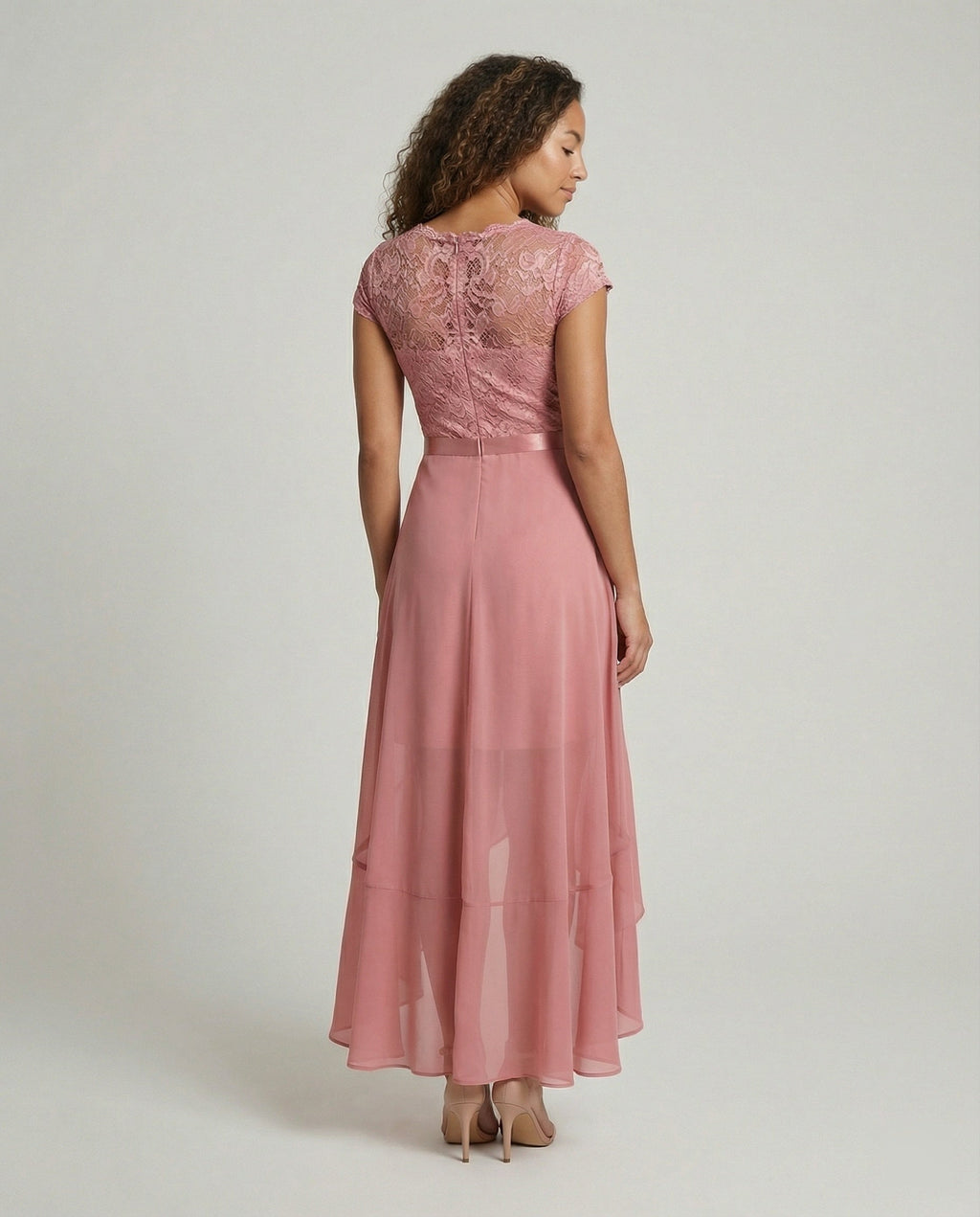 Women's Lace High-Low Dress with V-Neck and Ruffle Hem