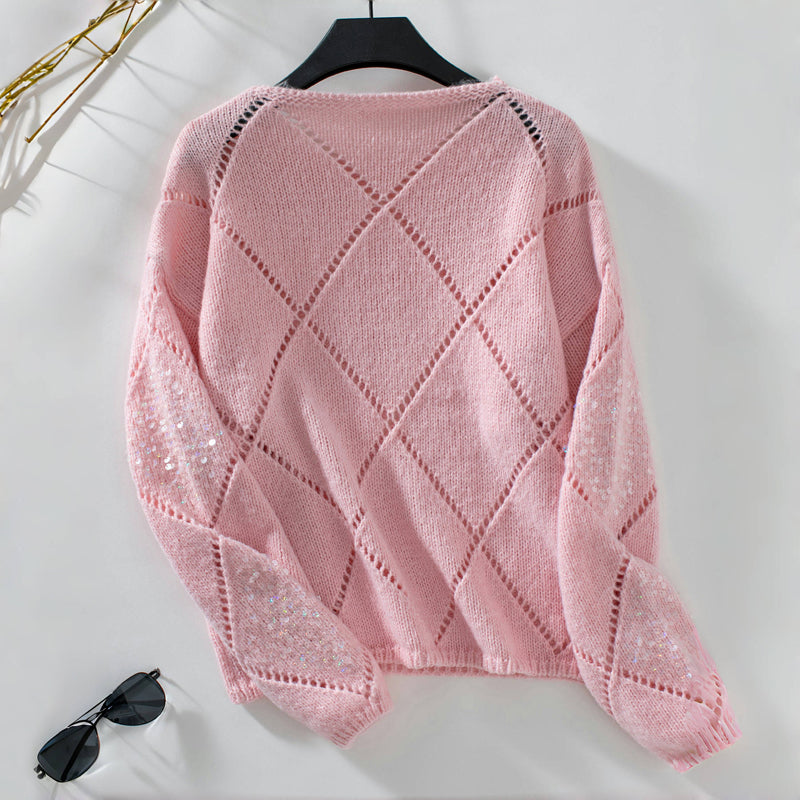 Women's Sequin Diamond Pattern Crew Neck Sweater