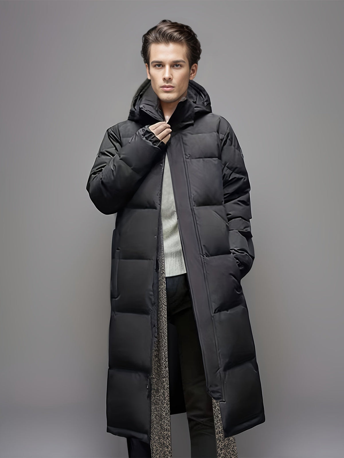Men's Black Hooded Long Puffer Coat, Zip Front