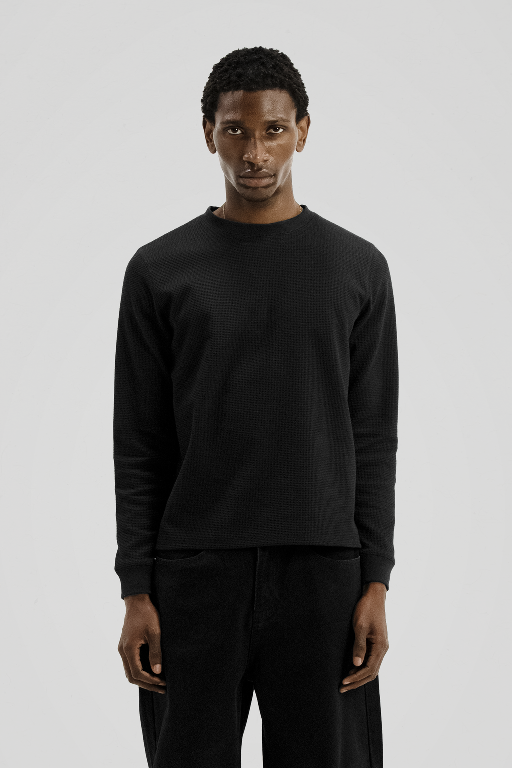 Men's Black Long Sleeve Crew Neck Top, Textured Finish