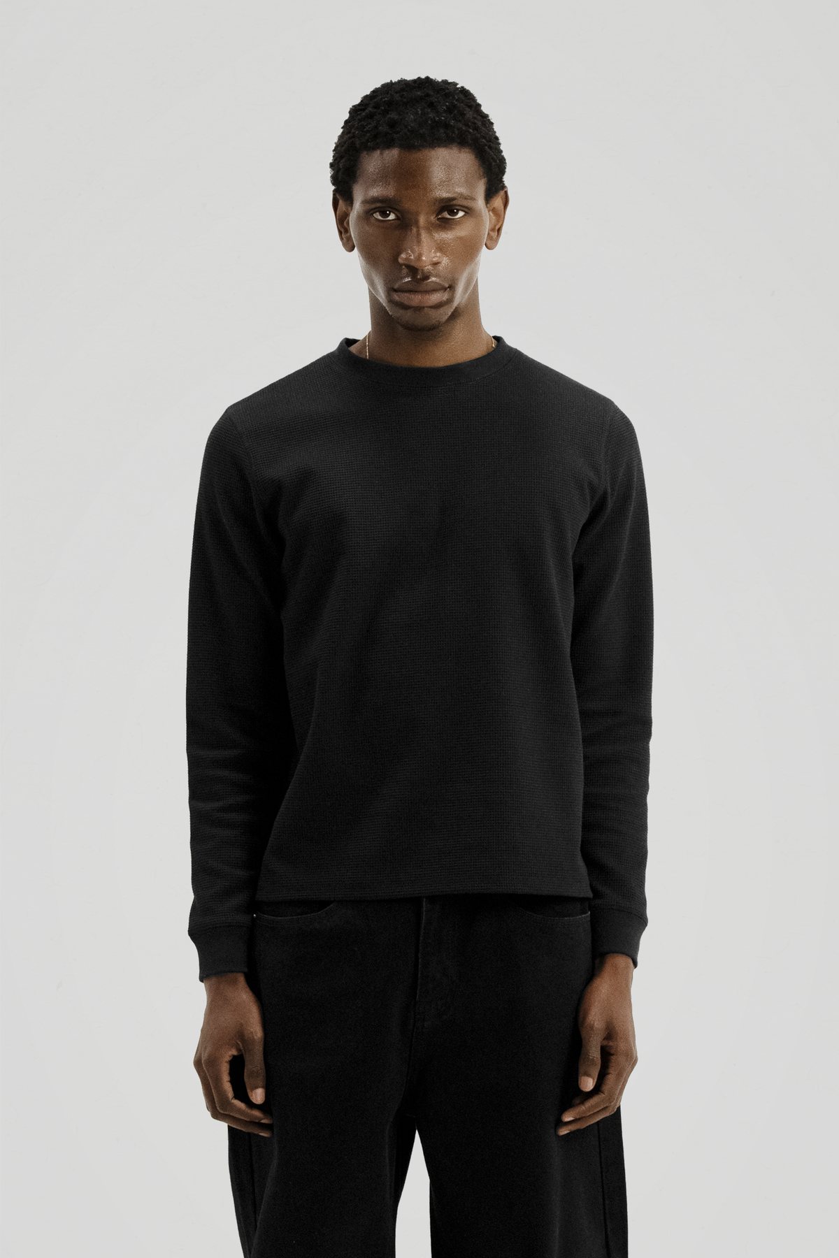 Men's Black Long Sleeve Crew Neck Top, Textured Finish