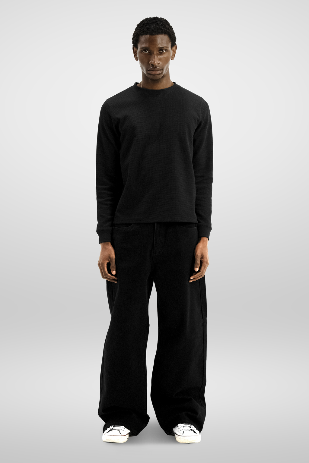 Men's Black Long Sleeve Crew Neck Top, Textured Finish