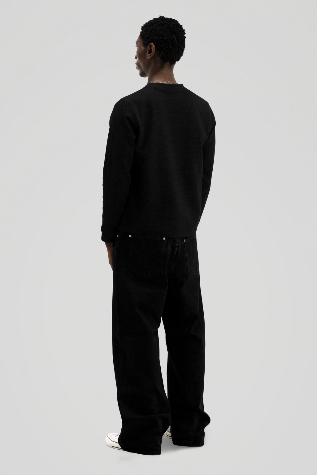 Men's Black Long Sleeve Crew Neck Top, Textured Finish