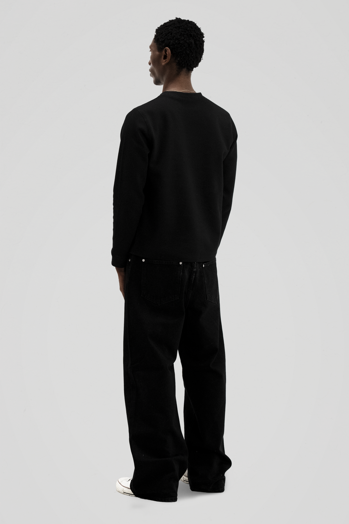 Men's Black Long Sleeve Crew Neck Top, Textured Finish