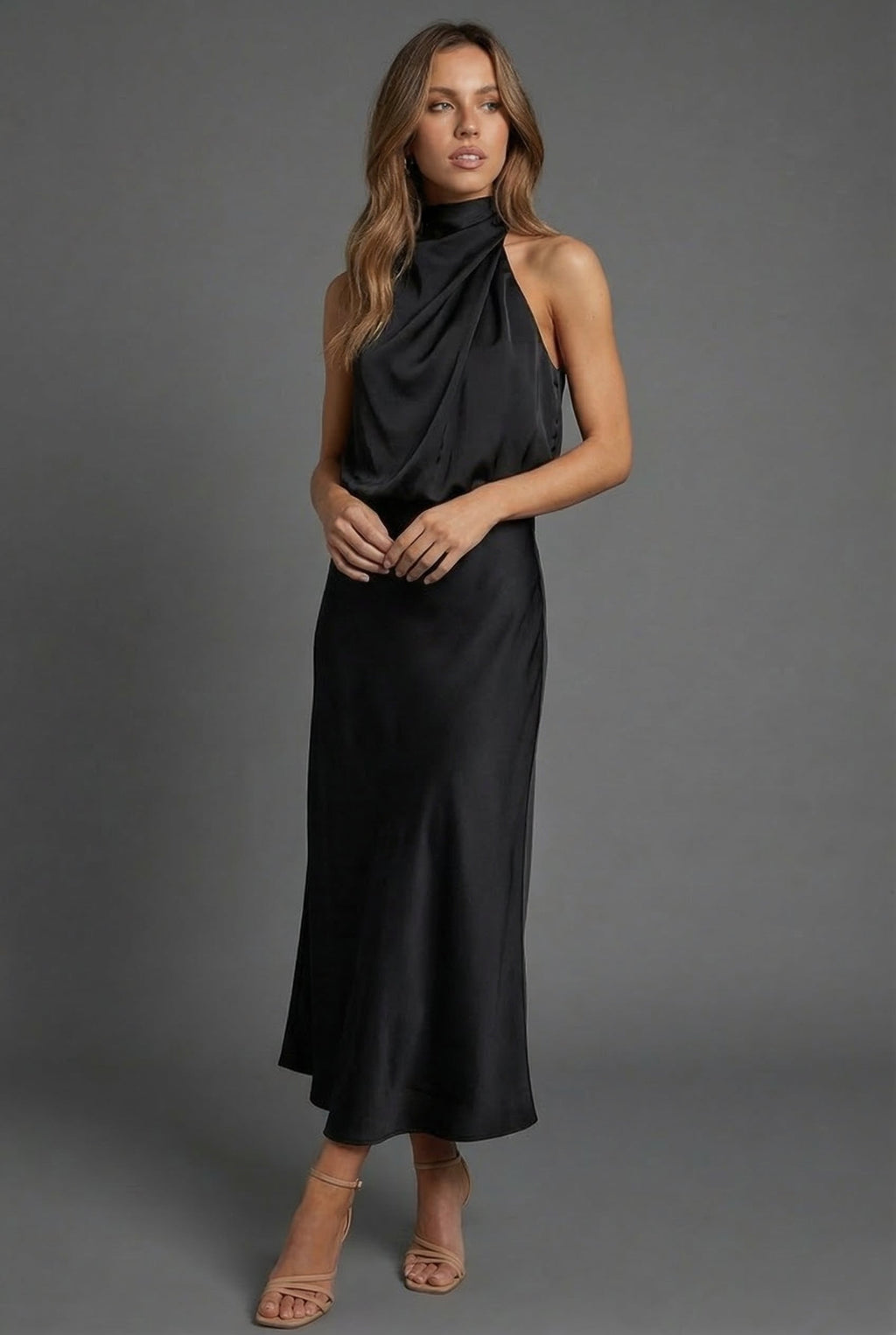 Montarello Women's Halterneck Satin-Look Wedding Guest Midi Dress
