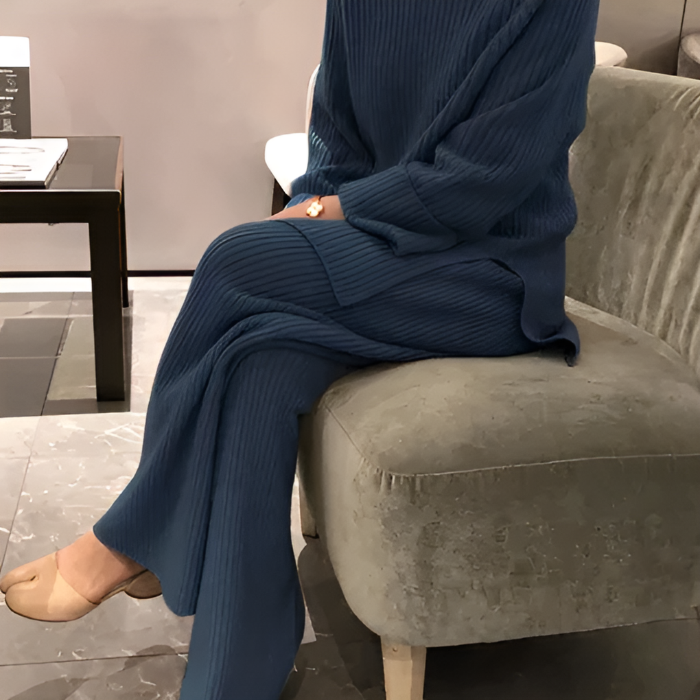 Women's Ribbed Knit Sweater & Trousers Set Relaxed Fit