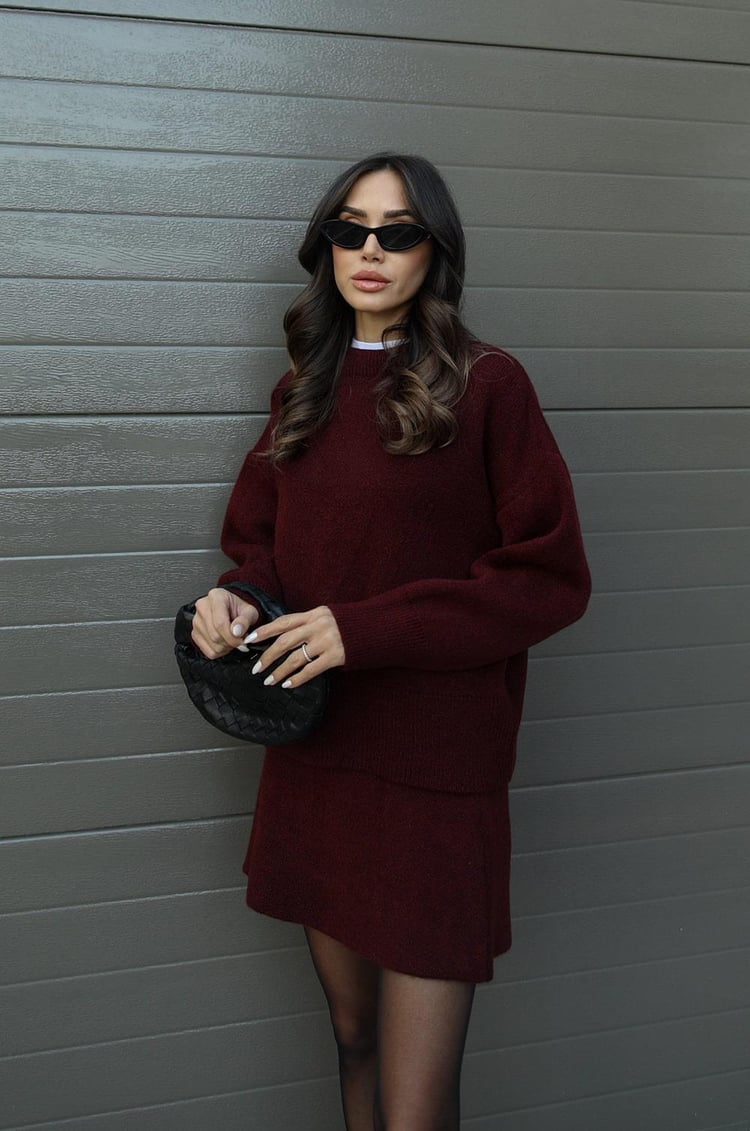 Women's Knit Sweater And Mini Skirt Set, Crew Neck, Long Sleeves