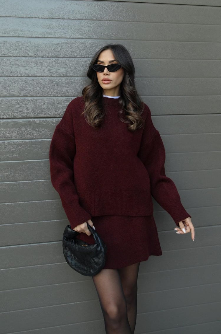 Women's Knit Sweater And Mini Skirt Set, Crew Neck, Long Sleeves