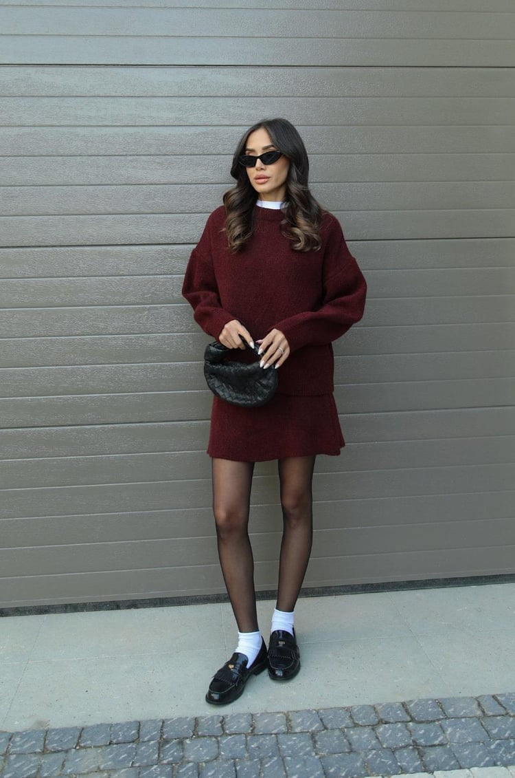 Women's Knit Sweater And Mini Skirt Set, Crew Neck, Long Sleeves