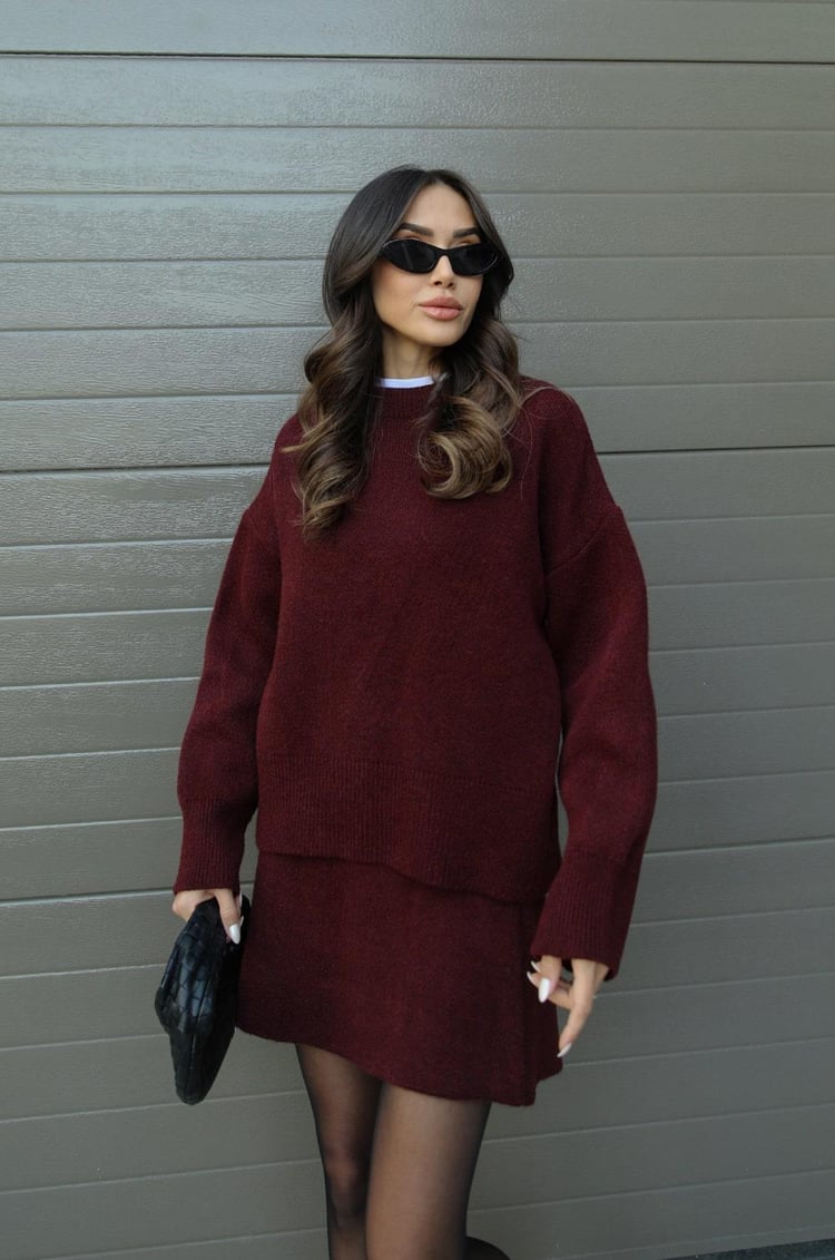 Women's Knit Sweater And Mini Skirt Set, Crew Neck, Long Sleeves