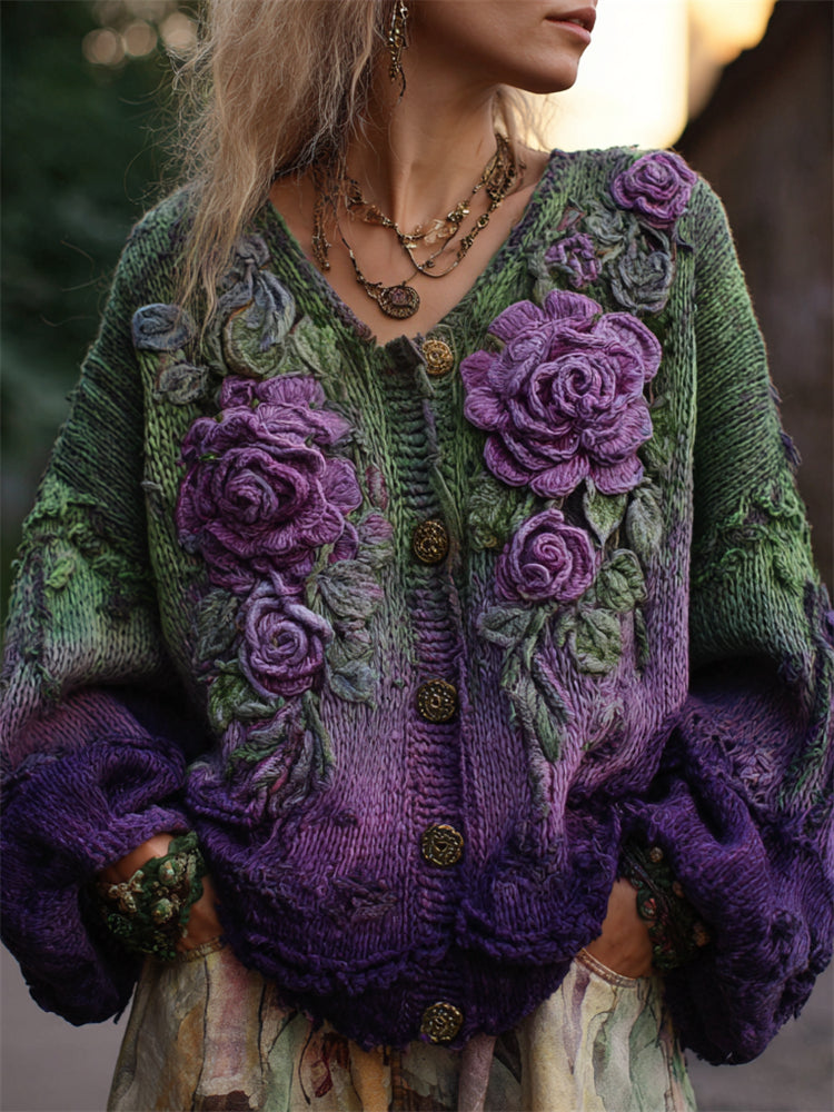 Women's Floral Open-Front Cardigan with Rose Appliqué