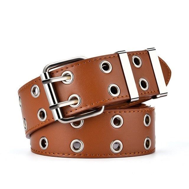 Women's Wide Grommet Belt with Double-Prong Buckle