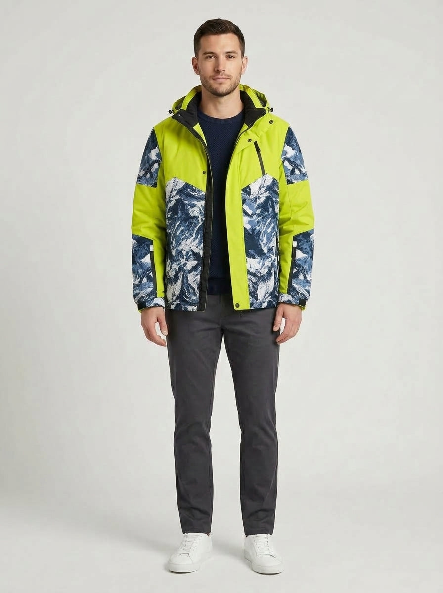 Men's Hooded Mountain Print Ski Jacket, Zip Front