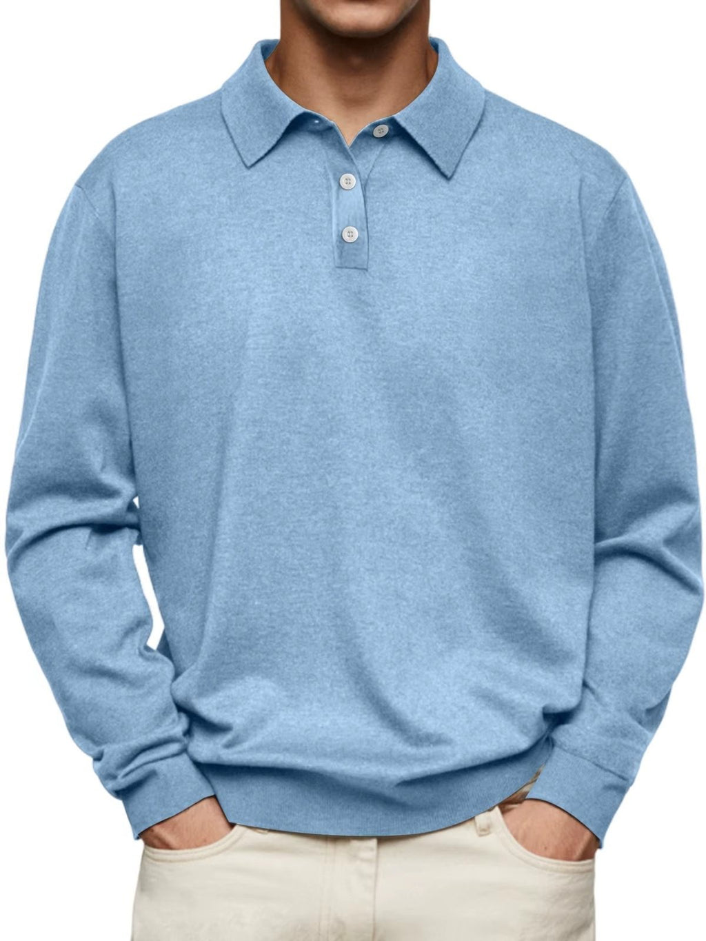 Button-Down Ribbed Knit Long Sleeve Polo Shirt for Men