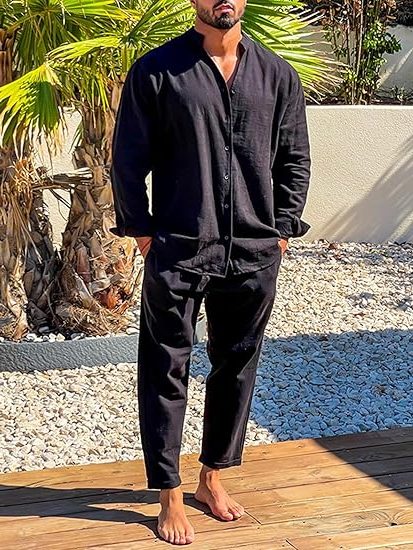 Button-Up Linen Set with Stand Collar for Men