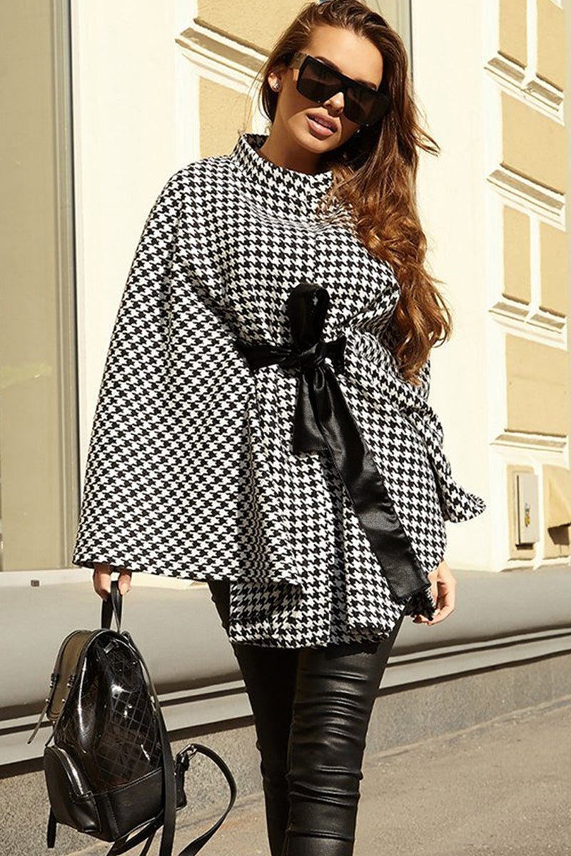 Women's Houndstooth Cape Jacket with Belted Waist