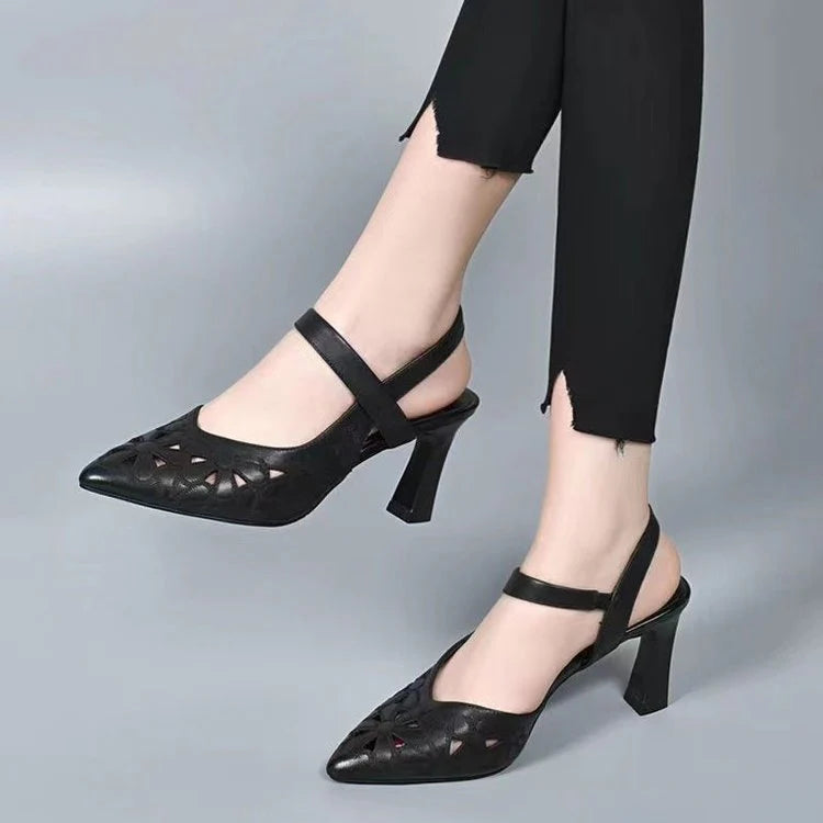 Women's Leather Heels with Cushioned Insole and Adjustable Buckle