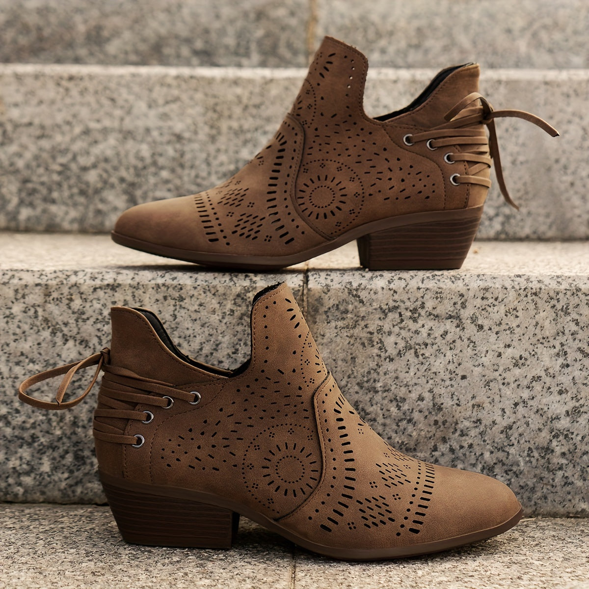 Women's Cutout Ankle Boots Pointed Toe Block Heel