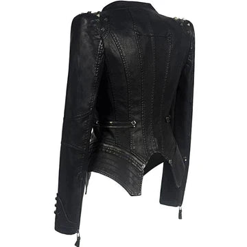 Women's Black Studded Moto Jacket, Fitted, Long Sleeves