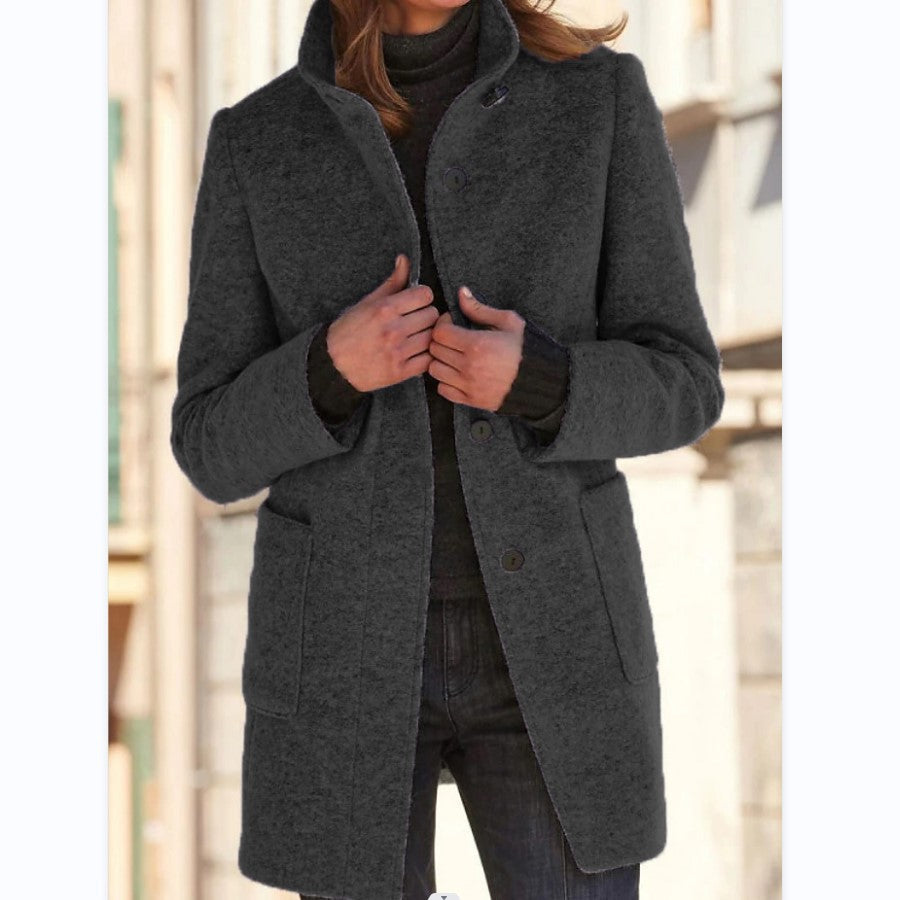 Women's Classic Coat, Stand Collar, Long Sleeves, Button Front