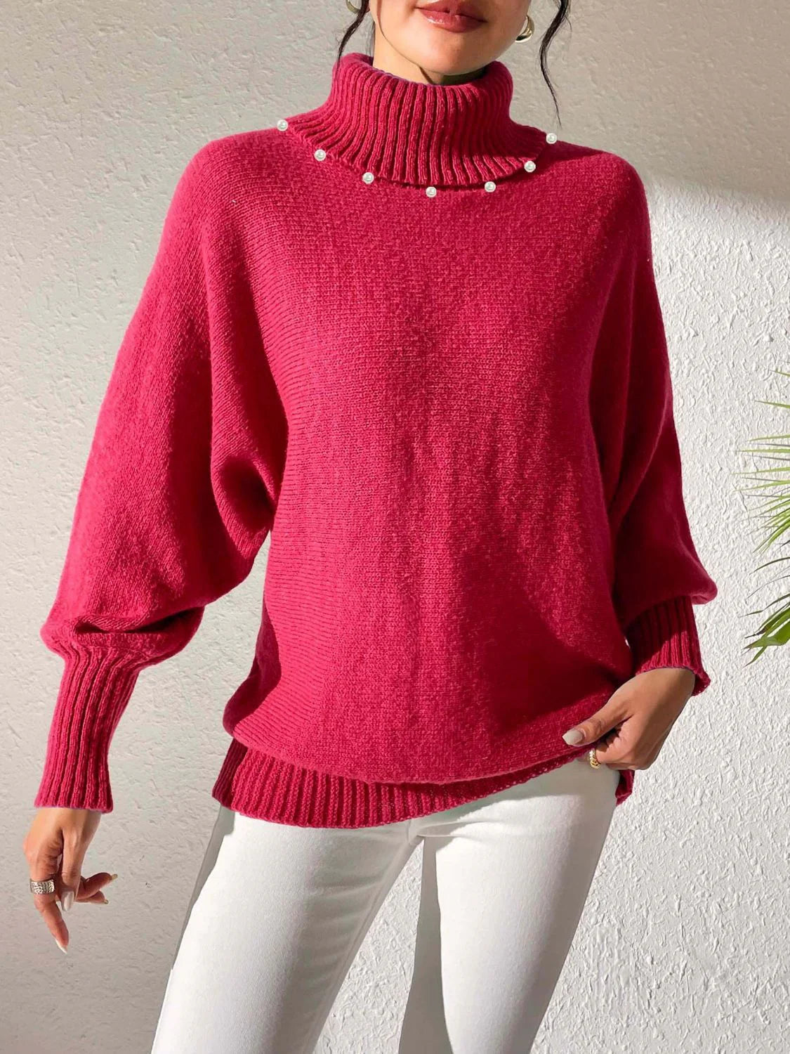 Women's Turtleneck Sweater Relaxed Fit with Pearl Trim