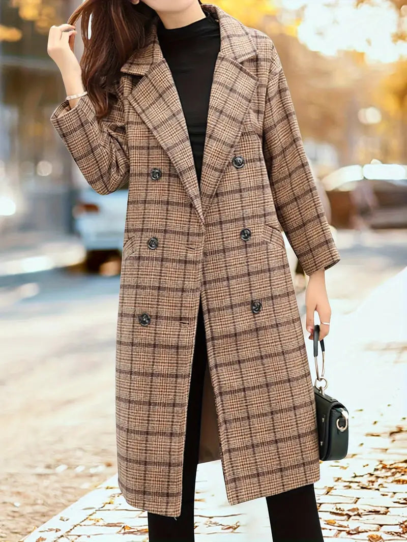 Women's Plaid Double-Breasted Trench Coat Long Length