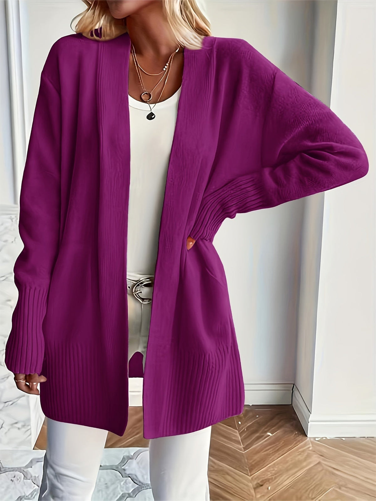 Women's Open Front Ribbed Cardigan with Long Sleeves